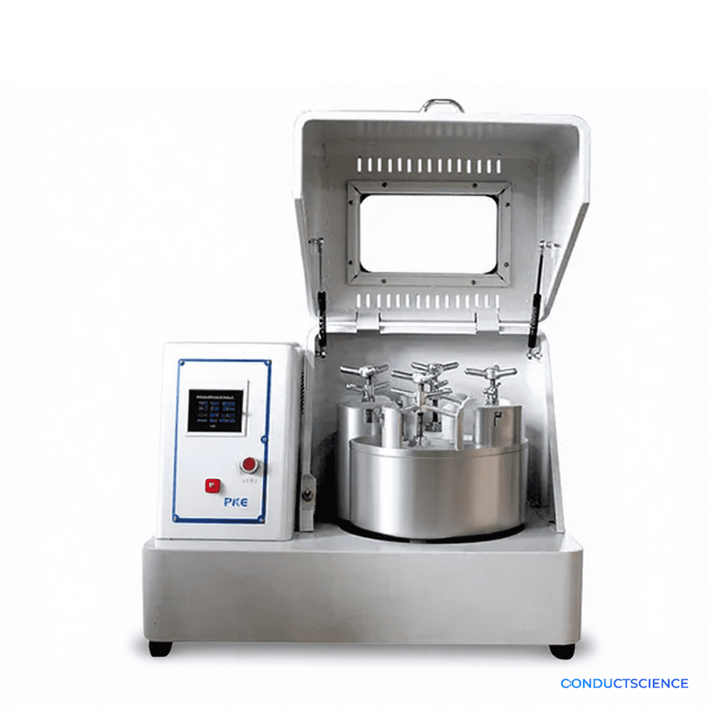 Vertical Planetary Ball Mill 2L with 4 stainless steel grinding jars, open lid view, LCD control panel