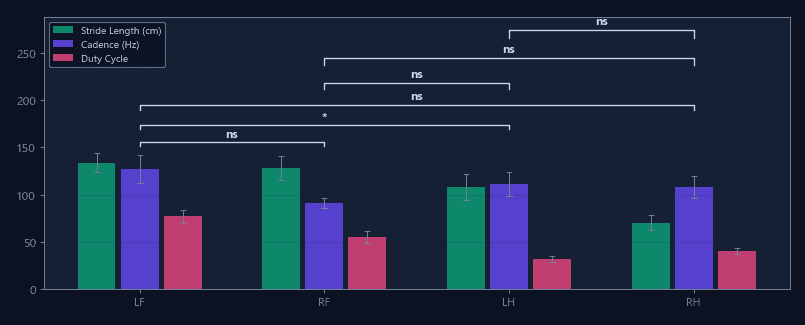 Stride metrics per paw