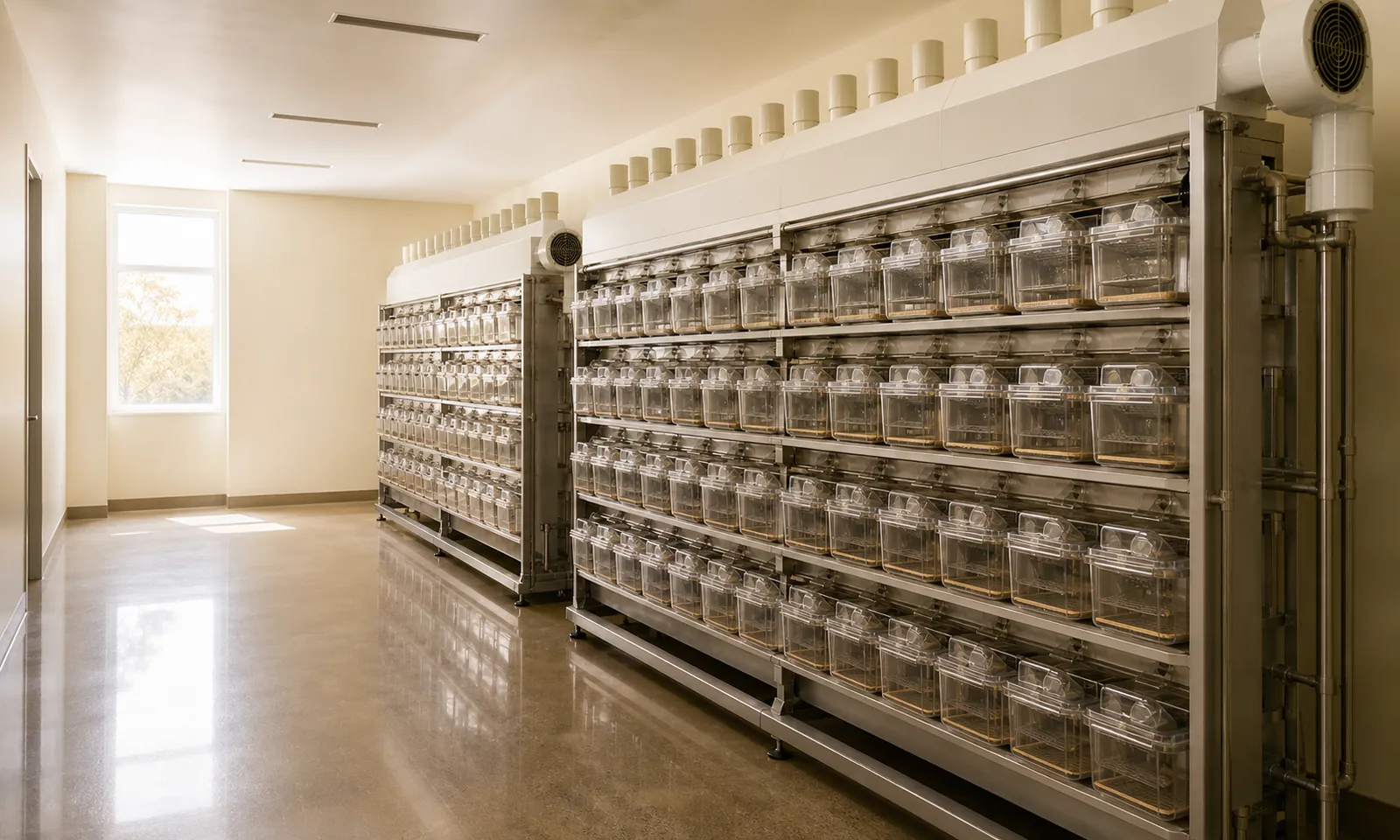 Rows of ventilated animal housing racks in a university vivarium buildout