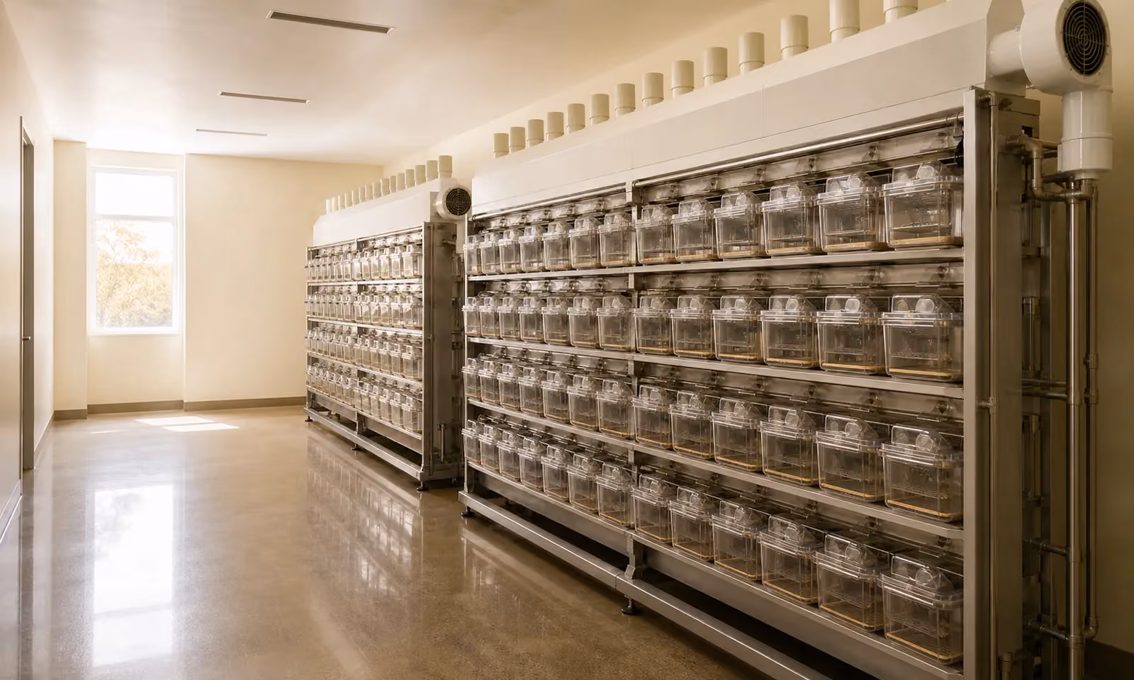 Rows of ventilated animal housing racks in a university vivarium buildout