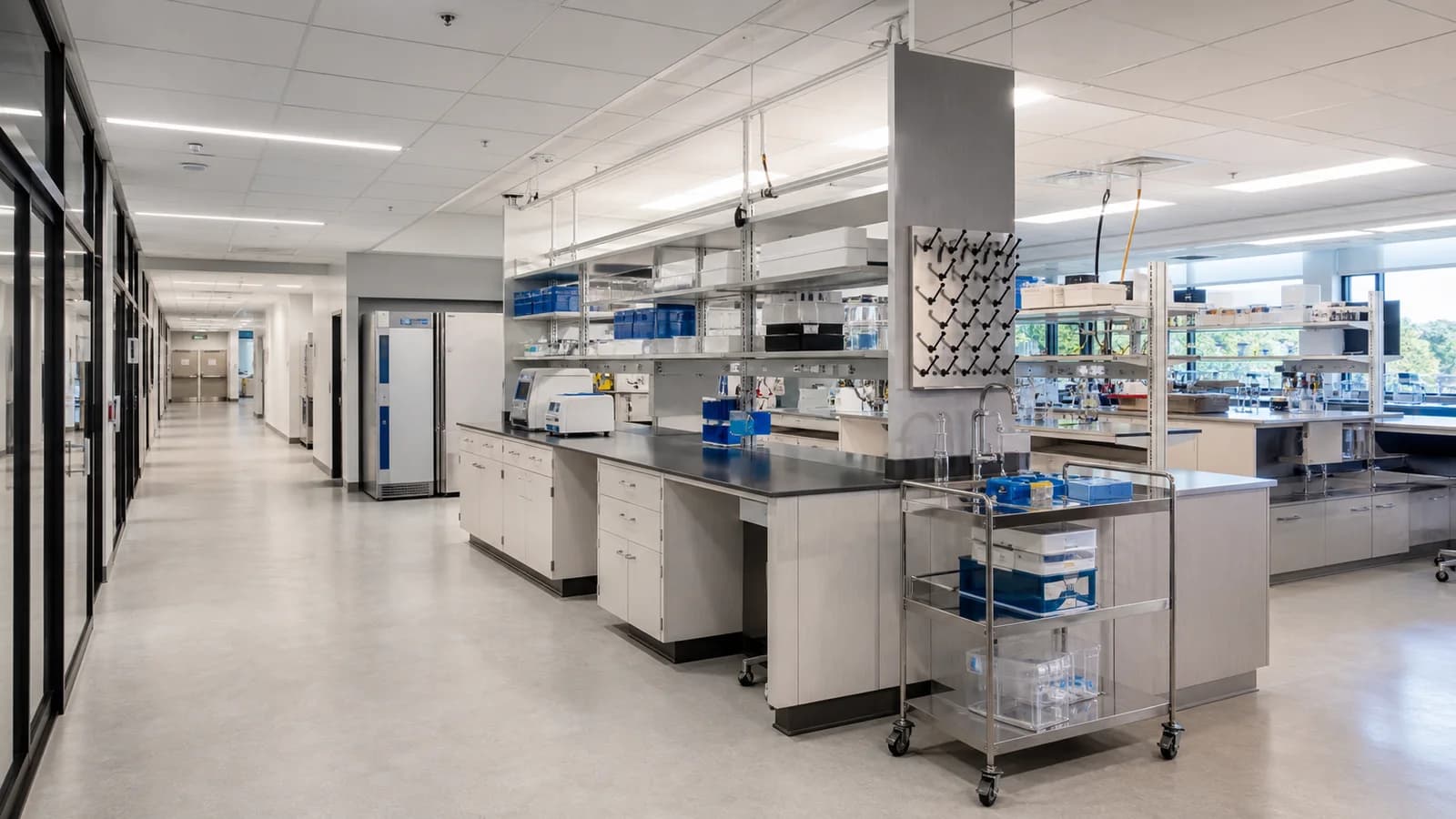 Modern mixed-use biomedical research lab with benches, storage, equipment carts, and glass partitions