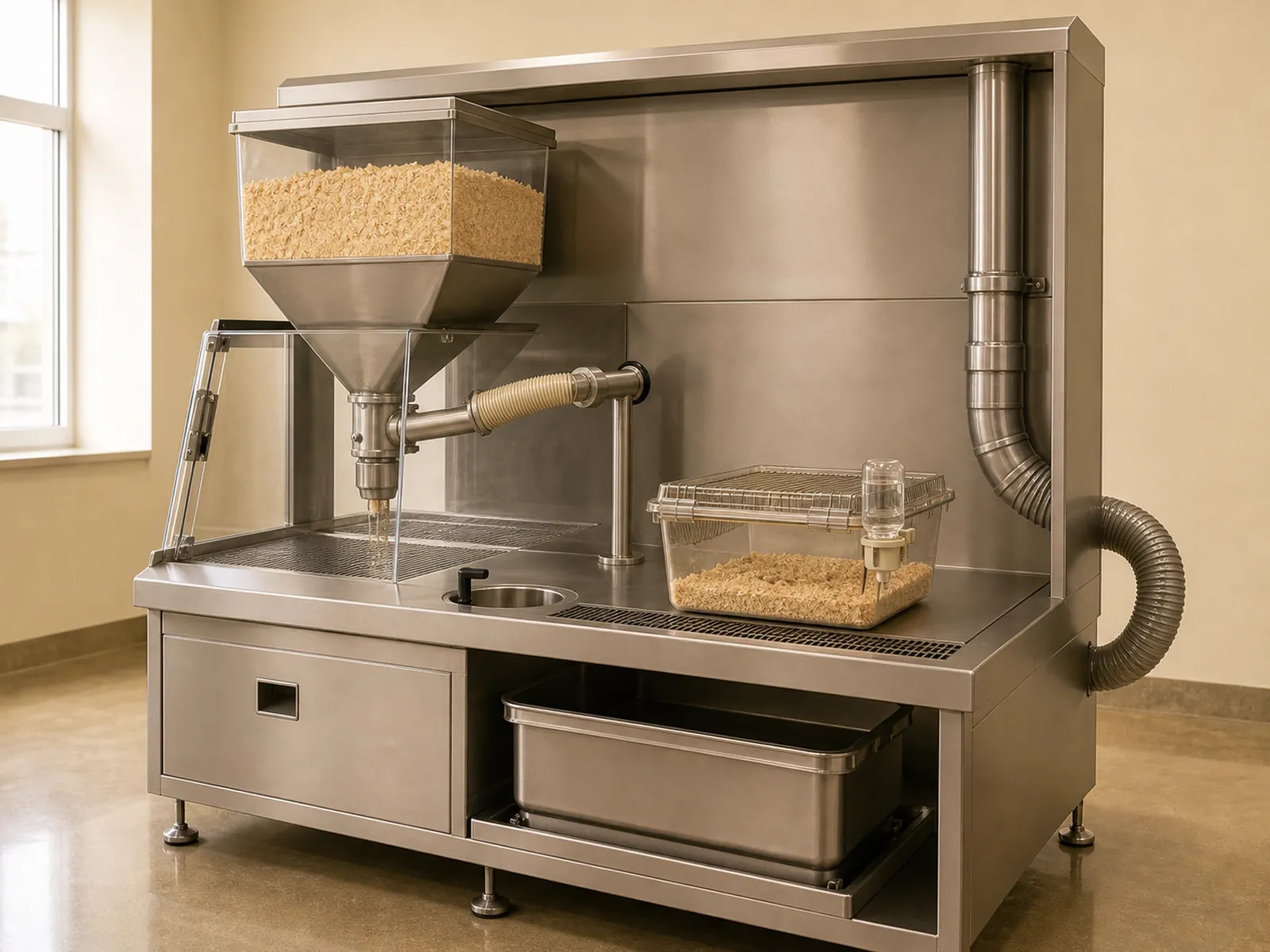 Vivarium bedding change station with hopper, dispenser arm, and staged cage