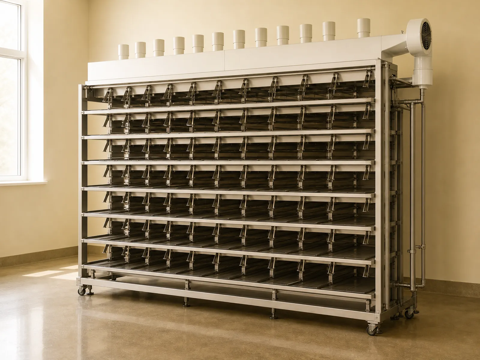 Empty stainless cage rack with visible slot grid and casters