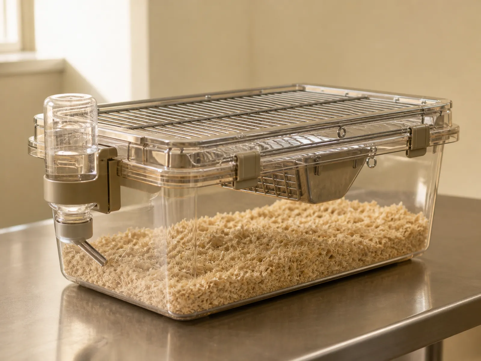 Static polycarbonate rodent cage with bedding, wire lid, and water bottle