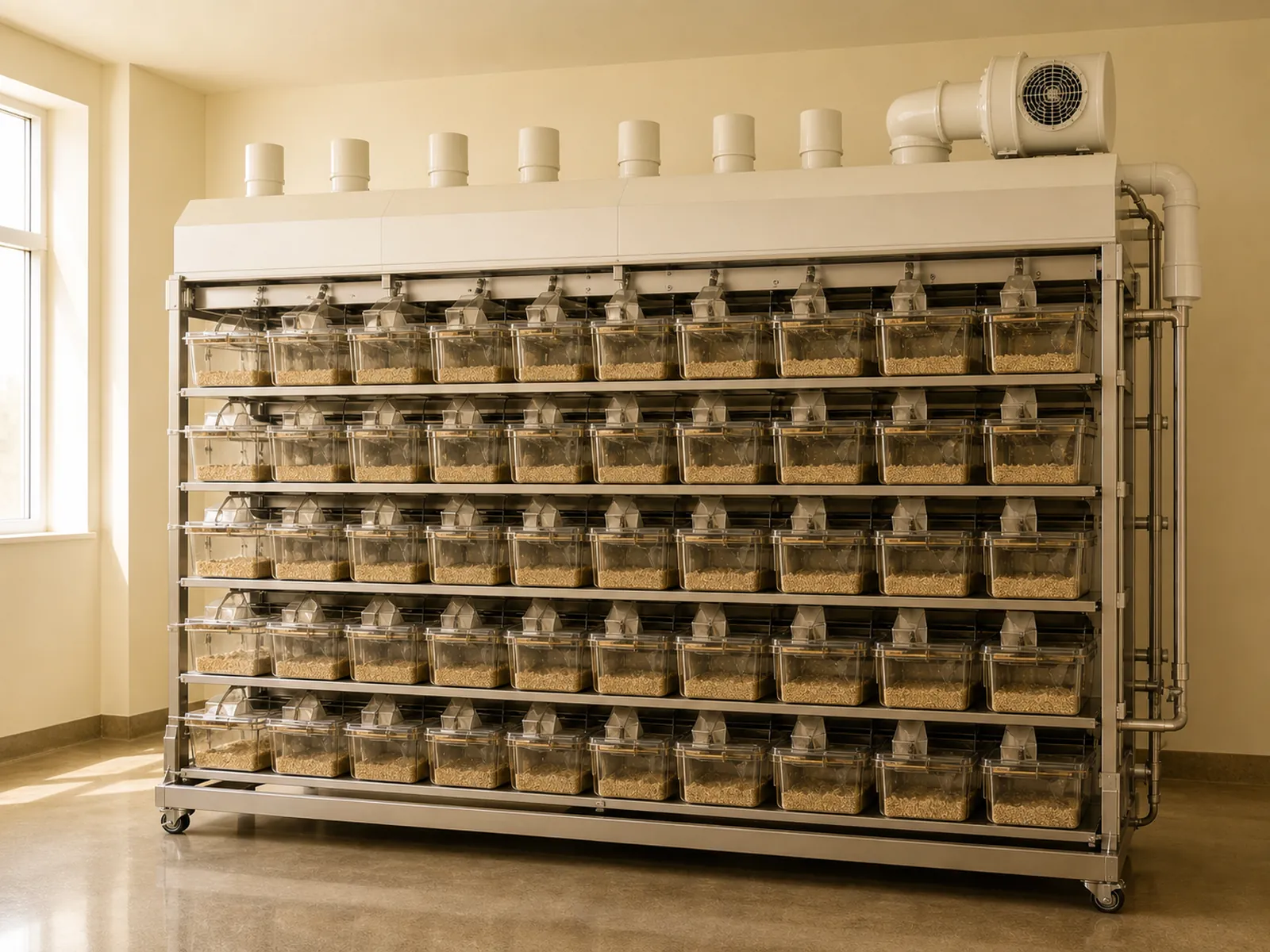 Externally ventilated cage rack with translucent cages and a visible blower