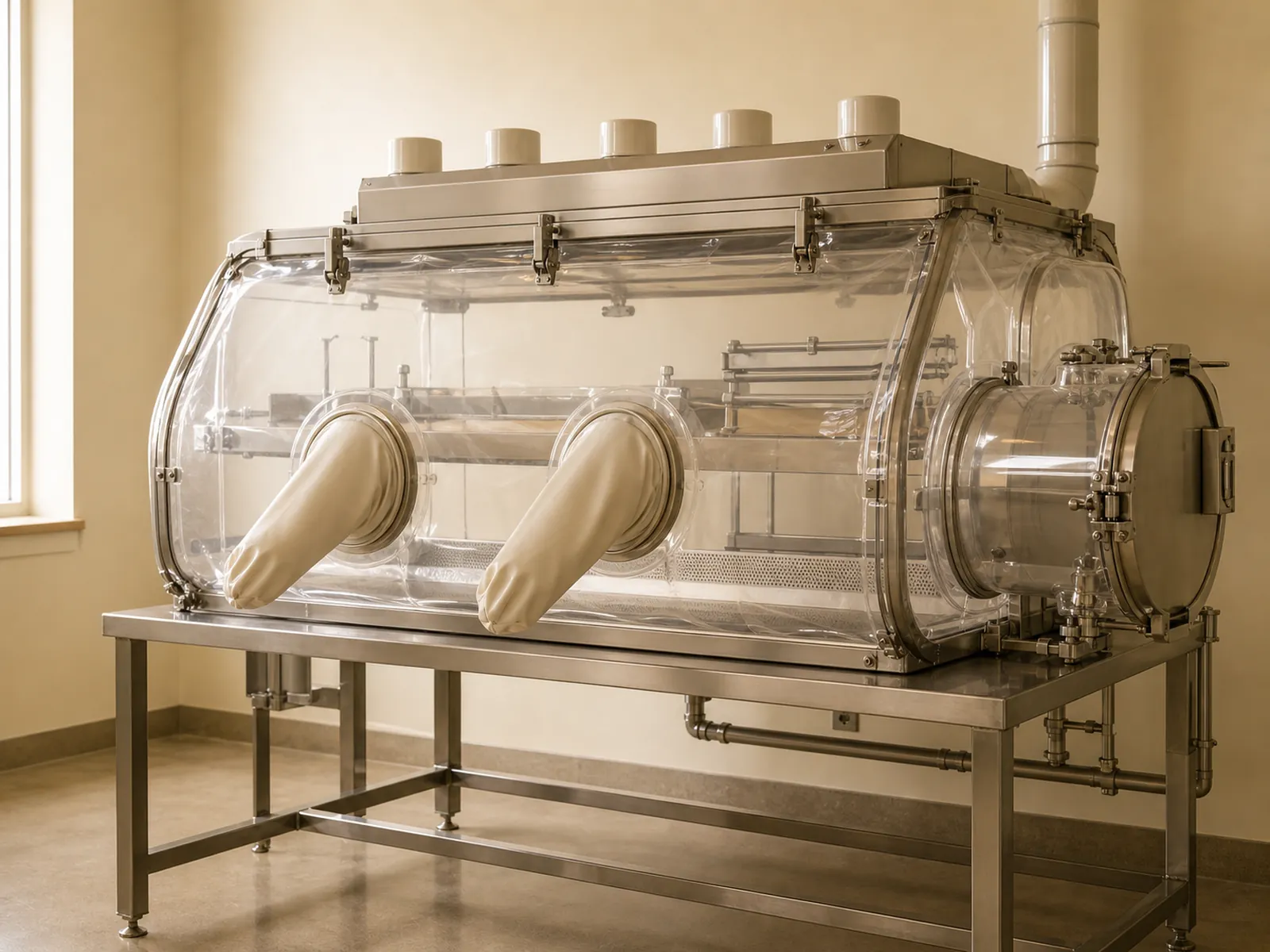 Transparent gnotobiotic isolator with gloved access ports in a vivarium