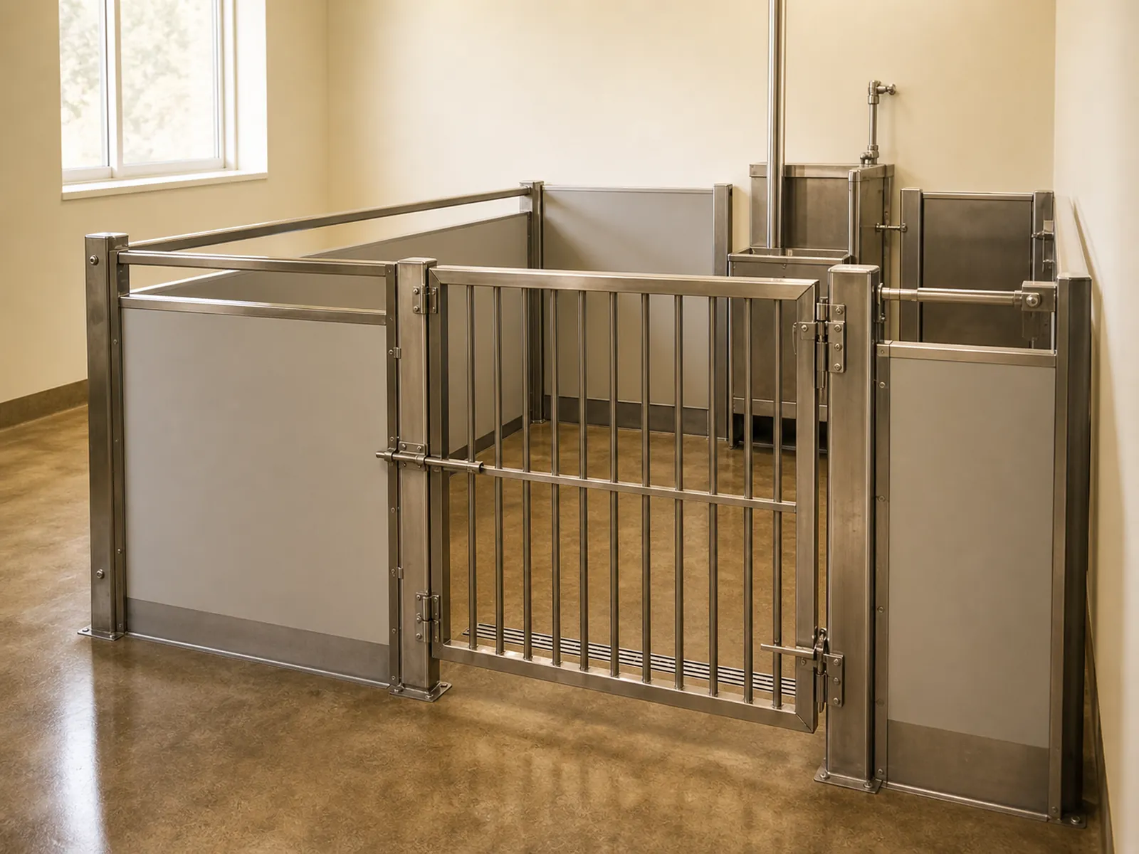 Large animal housing pen with stainless gate and warm concrete floor