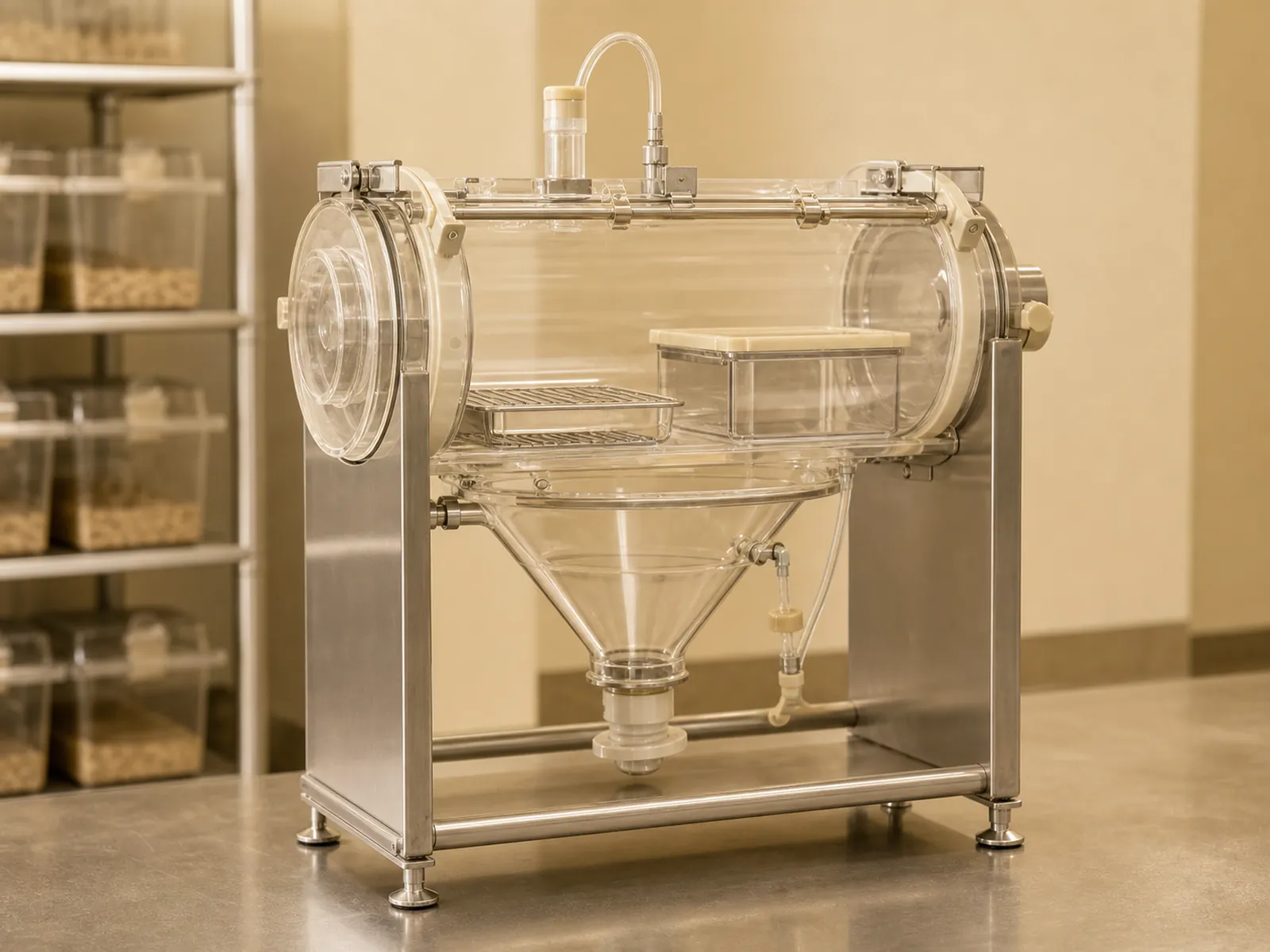 Transparent metabolic cage chamber with separator cone and support frame