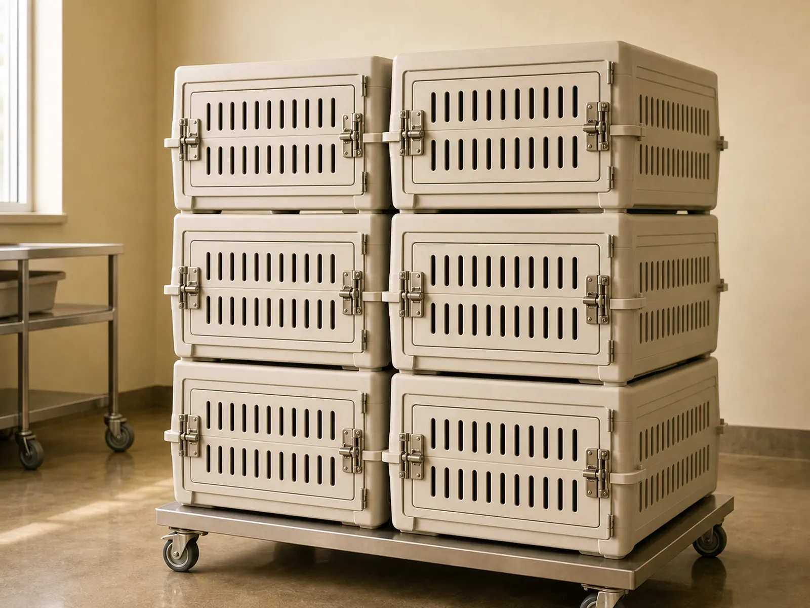 Stacked animal transport cages with ventilation slots and locking latches