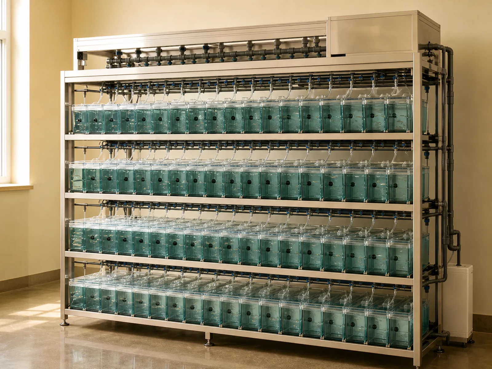 Recirculating zebrafish housing rack with rows of small tanks and water lines