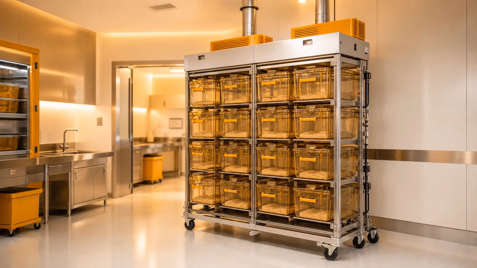 IVC rack system in a warm vivarium room