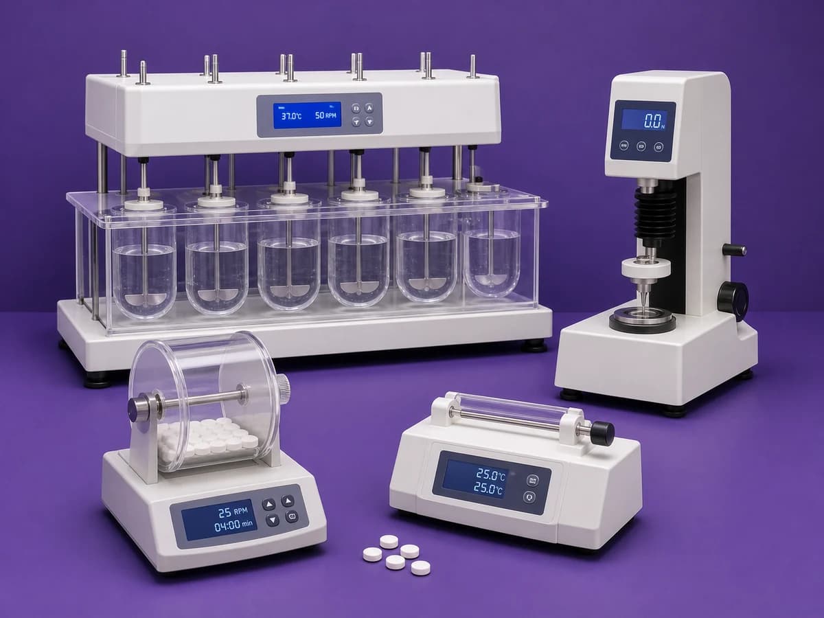 Pharmaceutical testing instruments including dissolution and tablet testing equipment