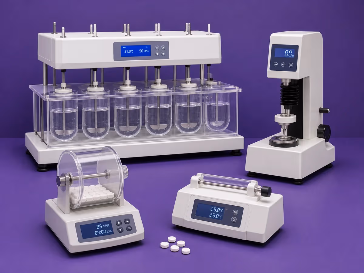 Pharmaceutical testing instruments including dissolution and tablet testing equipment