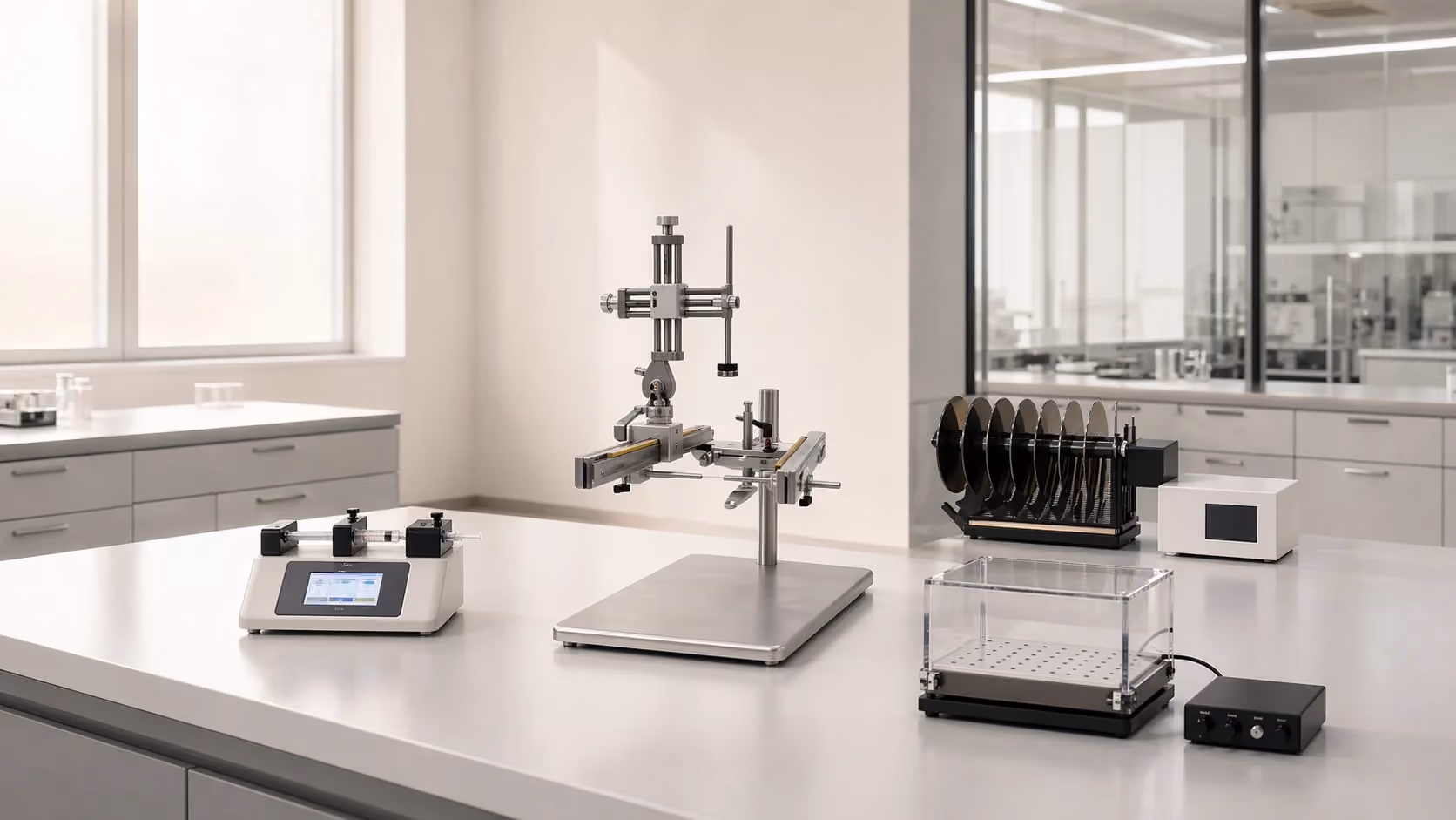 Sunlit laboratory bench line with casework, glass partitions, and research equipment