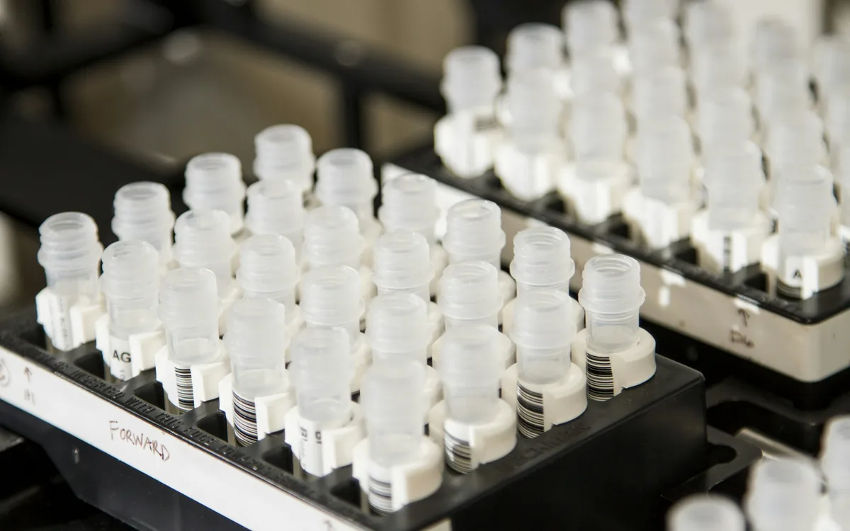 Vials of DNA samples on a laboratory storage shelf