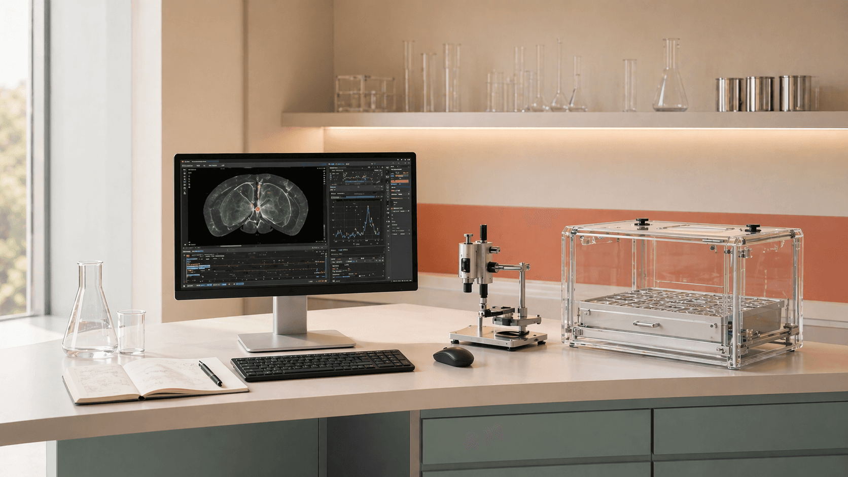 Computer-centered ConductScience workstation with research analysis display and laboratory apparatus