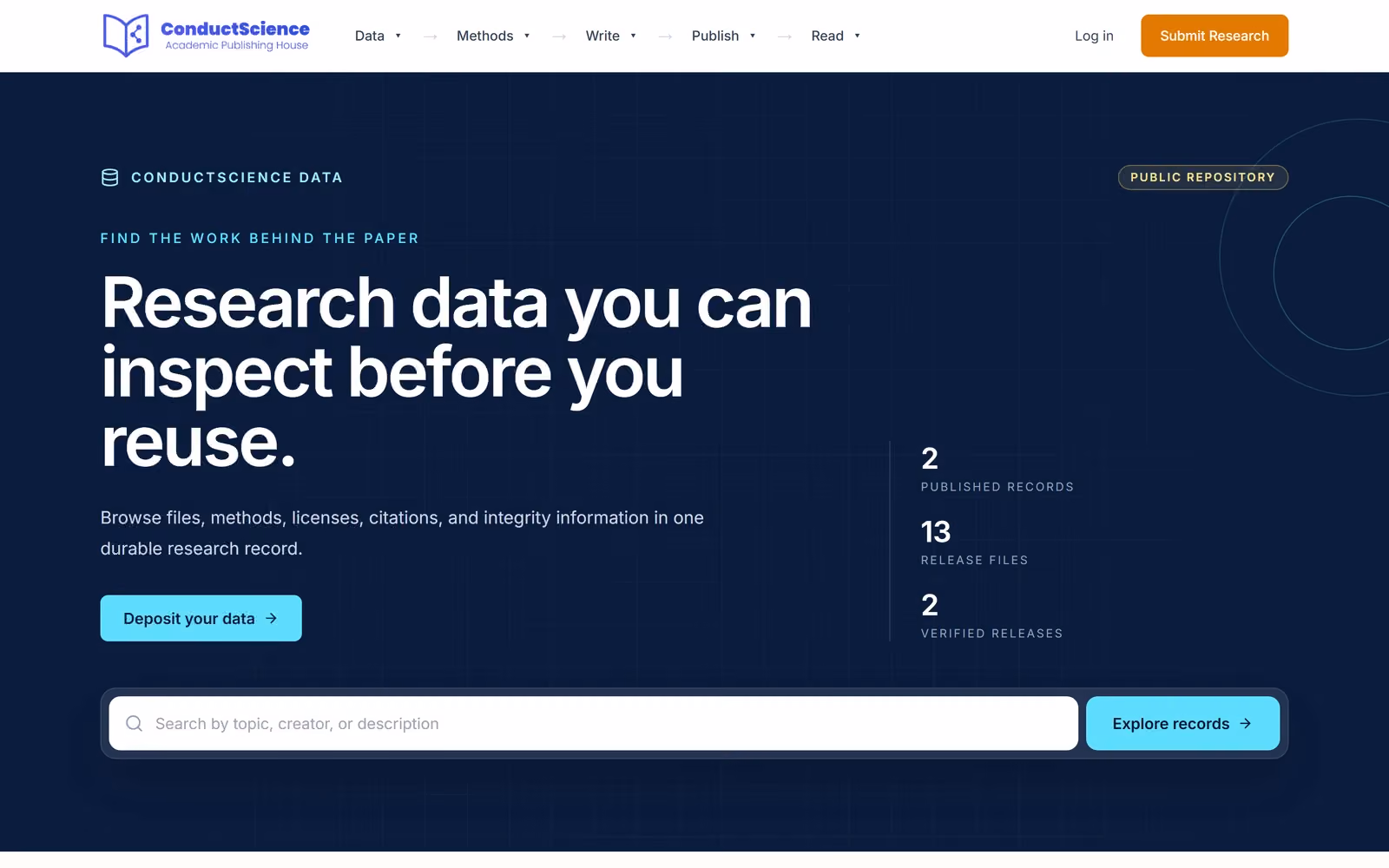 The ConductScience Data page with the headline Research data you can inspect before you reuse, a deposit button and a search bar for data records