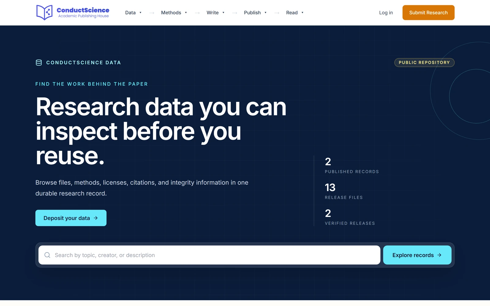 The ConductScience Data page with the headline Research data you can inspect before you reuse, a deposit button and a search bar for data records