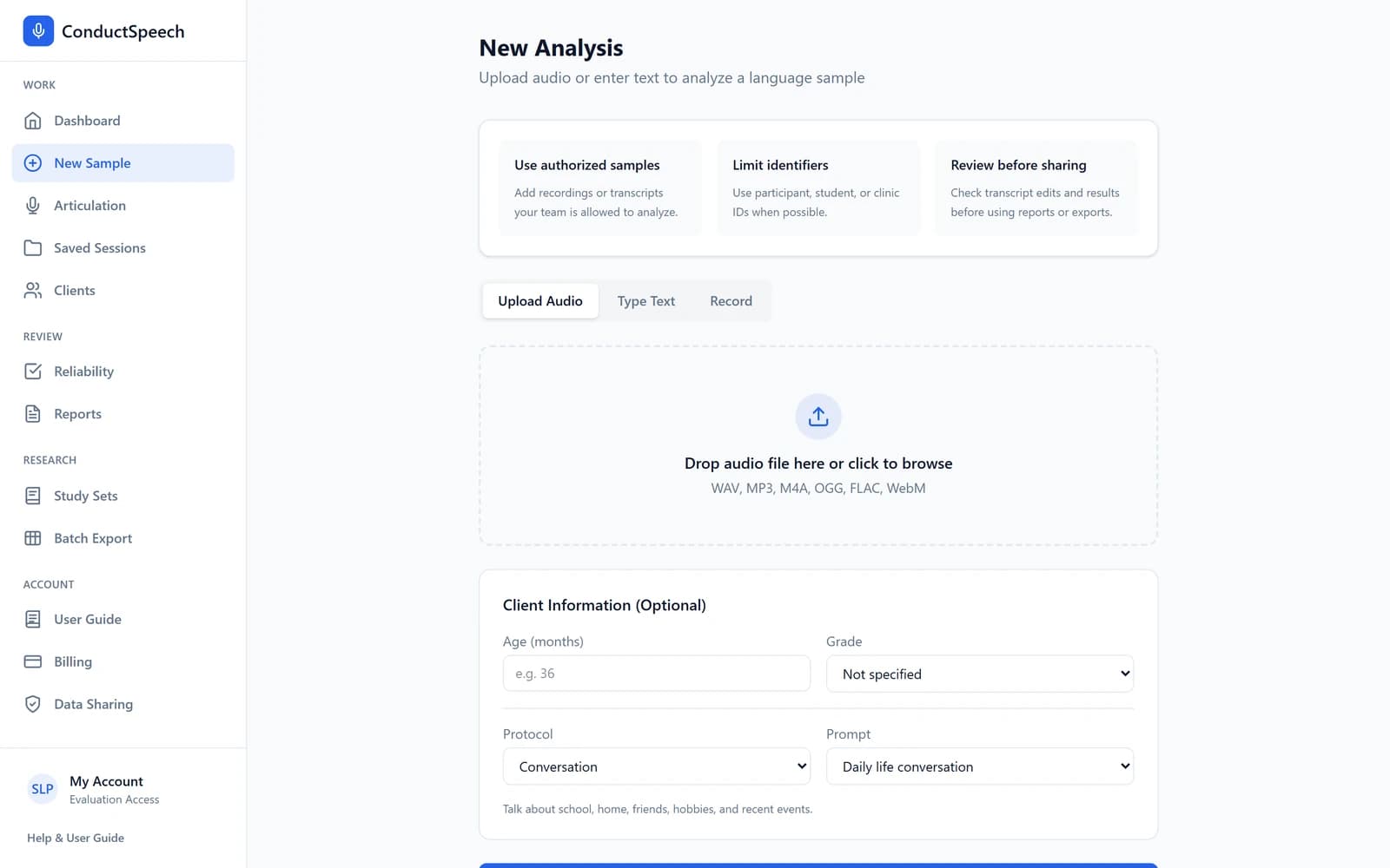 The ConductSpeech New Analysis screen with tabs to upload audio, type text or record, an audio drop zone and a sidebar of sessions, clients, reliability and reports