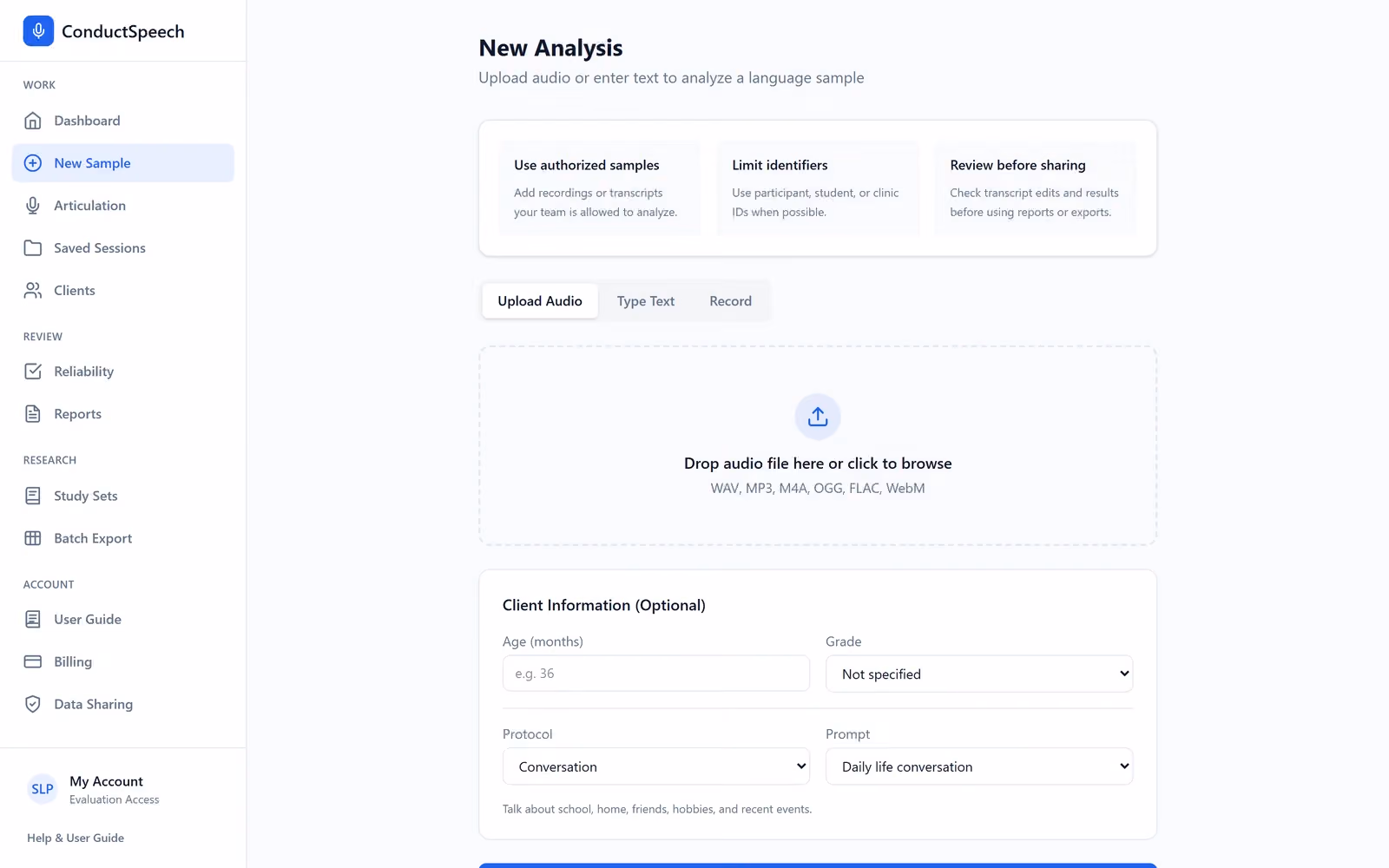 The ConductSpeech New Analysis screen with tabs to upload audio, type text or record, an audio drop zone and a sidebar of sessions, clients, reliability and reports