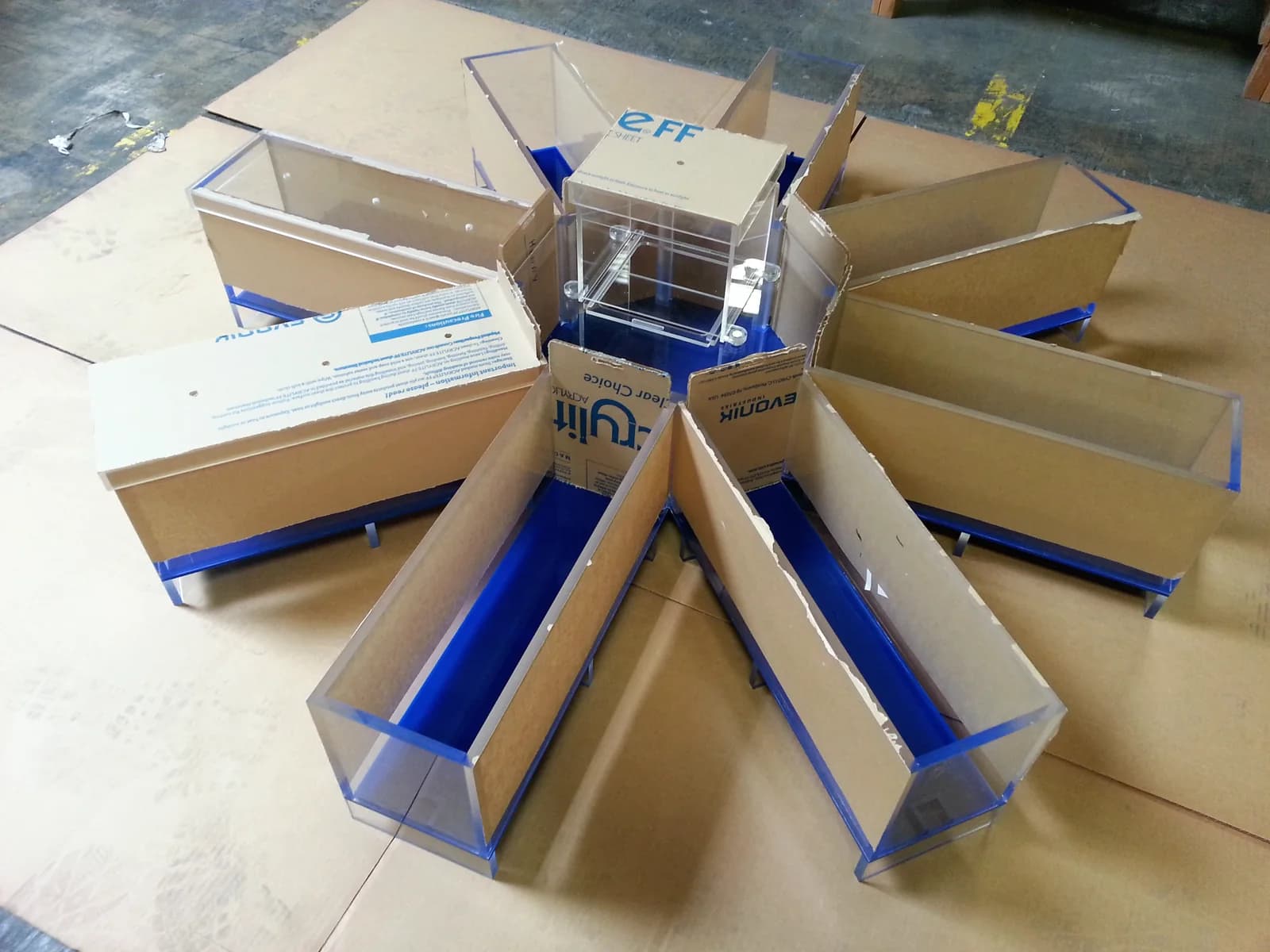 An eight-arm radial maze with blue floors and clear walls partly covered in brown protective paper, on flattened cardboard