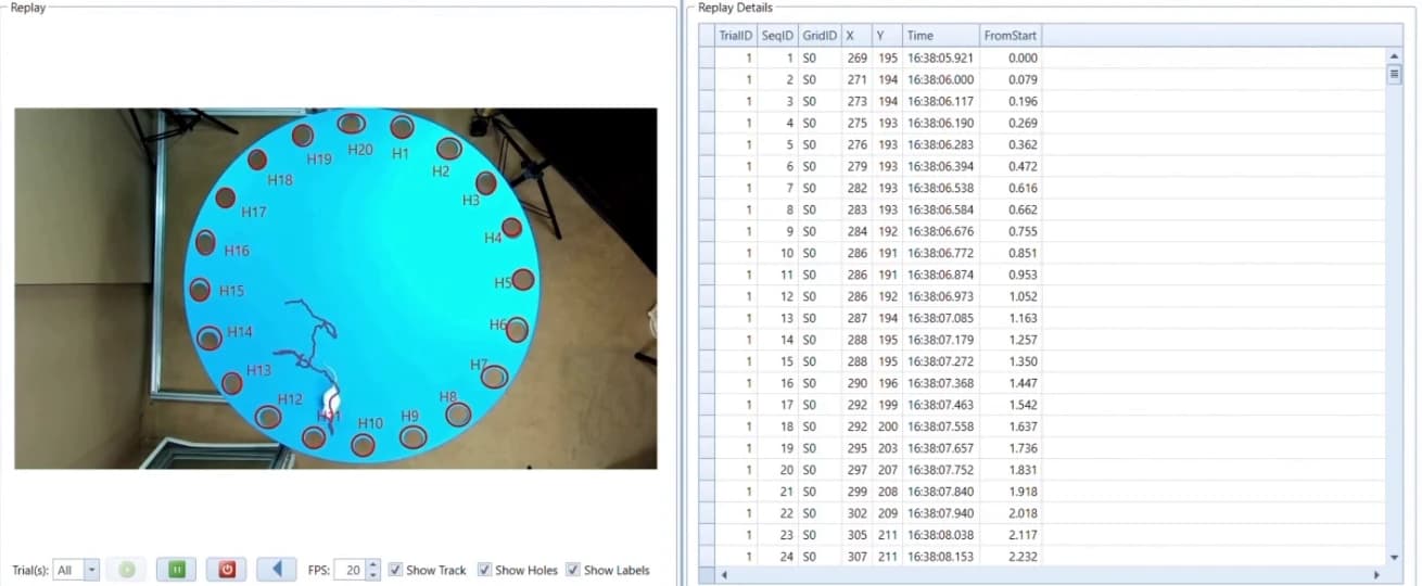 ConductVision desktop software replaying a Barnes maze video with the mouse path drawn and the holes labeled, beside a table of the mouse position in each frame