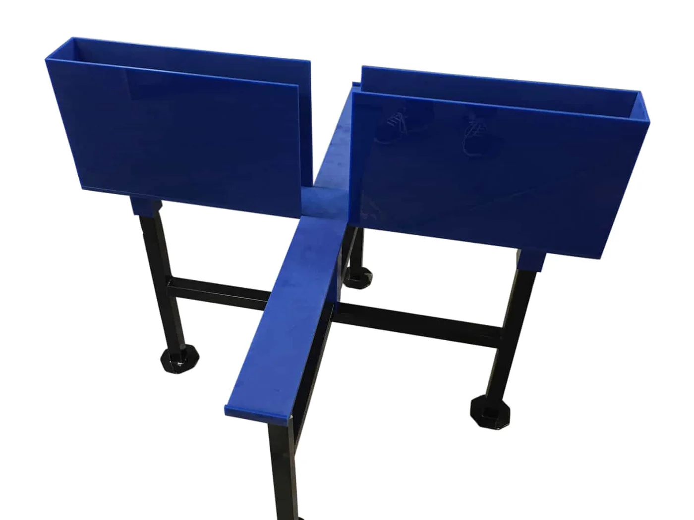 A blue elevated plus maze with two walled arms and two open arms on a black steel stand
