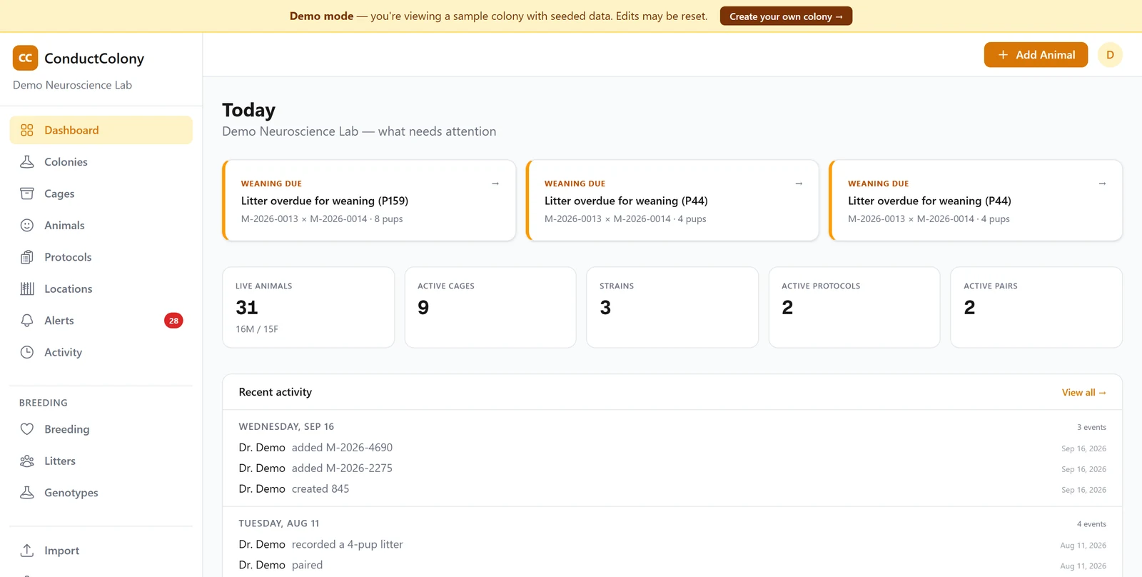 The ConductColony dashboard in demo mode with weaning alerts, counts of animals, cages, strains, protocols and breeding pairs, and a dated activity log