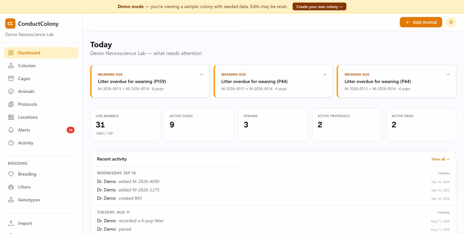 The ConductColony dashboard in demo mode with weaning alerts, counts of animals, cages, strains, protocols and breeding pairs, and a dated activity log