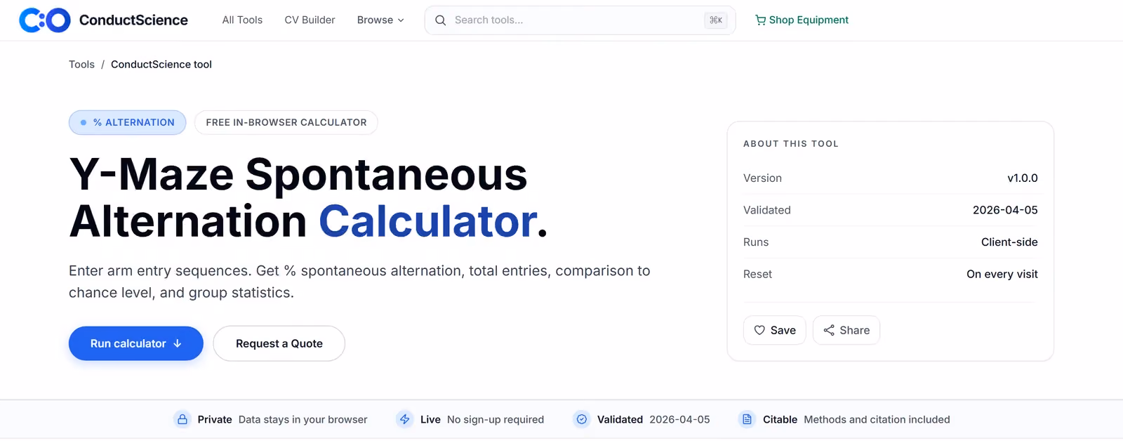 The free Y-maze spontaneous alternation calculator on ConductScience.com, showing its version, validation date, client-side processing and citation notes
