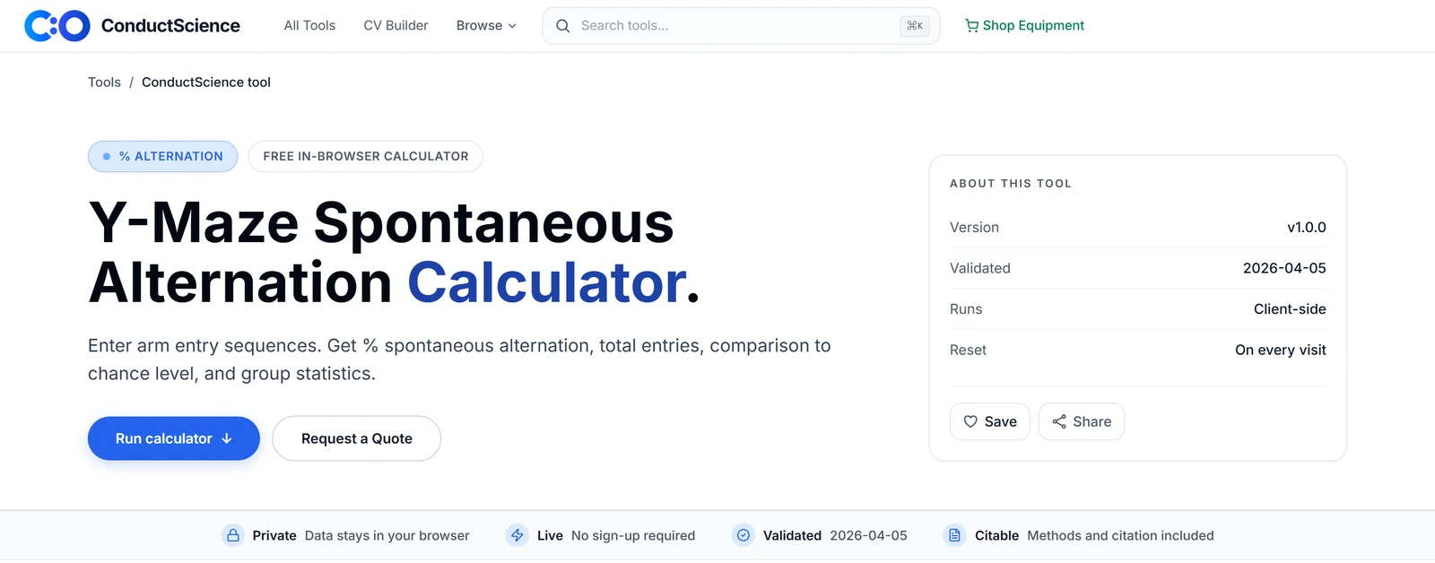 The free Y-maze spontaneous alternation calculator on ConductScience.com, showing its version, validation date, client-side processing and citation notes