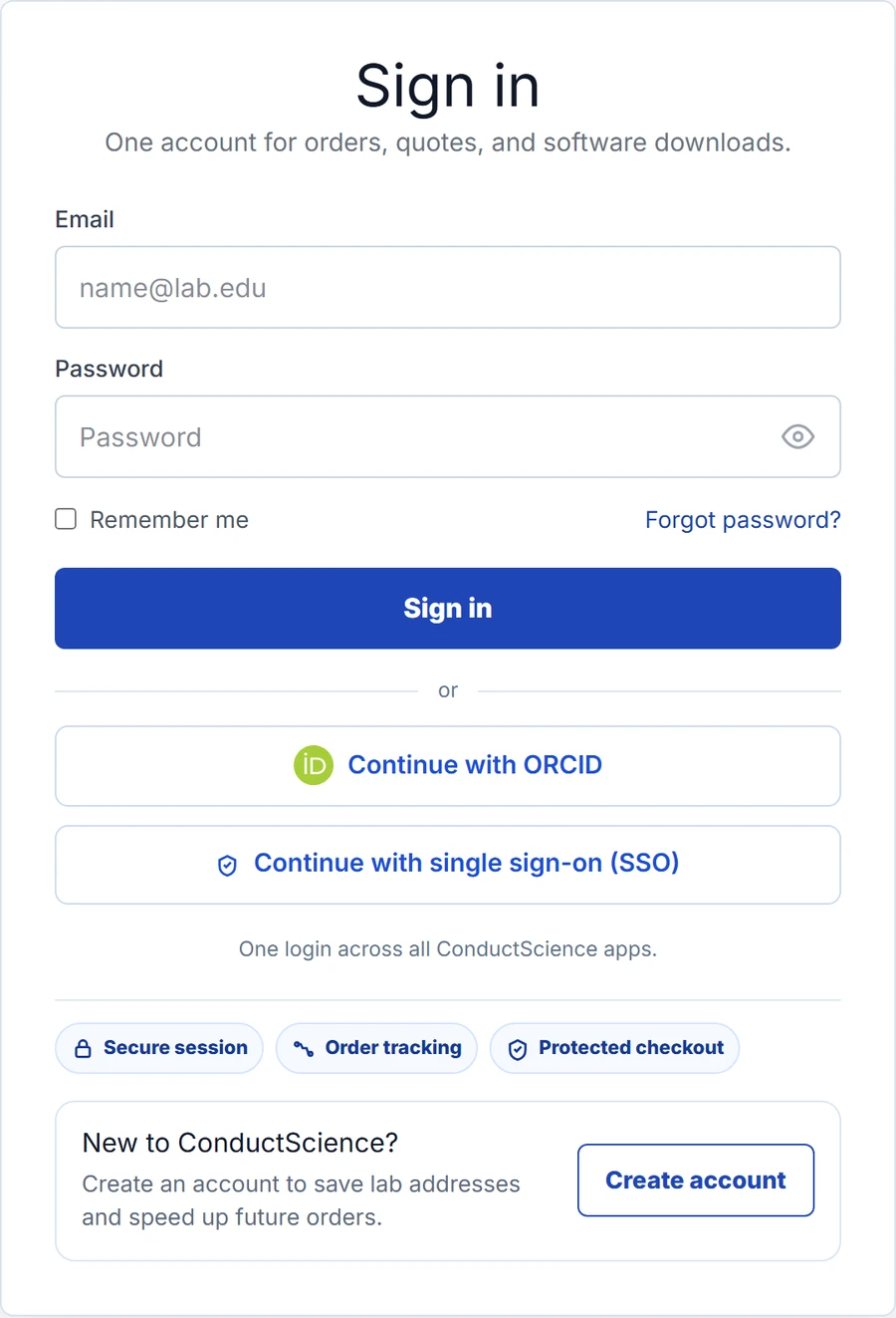 The ConductScience sign-in page with buttons to continue with ORCID or with single sign-on, and the line One login across all ConductScience apps