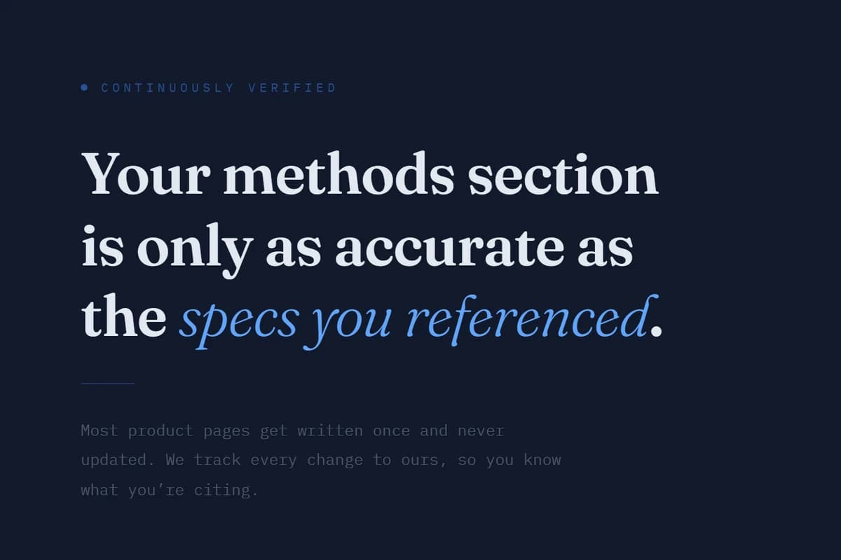 The opening of the Continuously Verified page on ConductScience.com, with the headline Your methods section is only as accurate as the specs you referenced, and the line We track every change to ours, so you know what you are citing