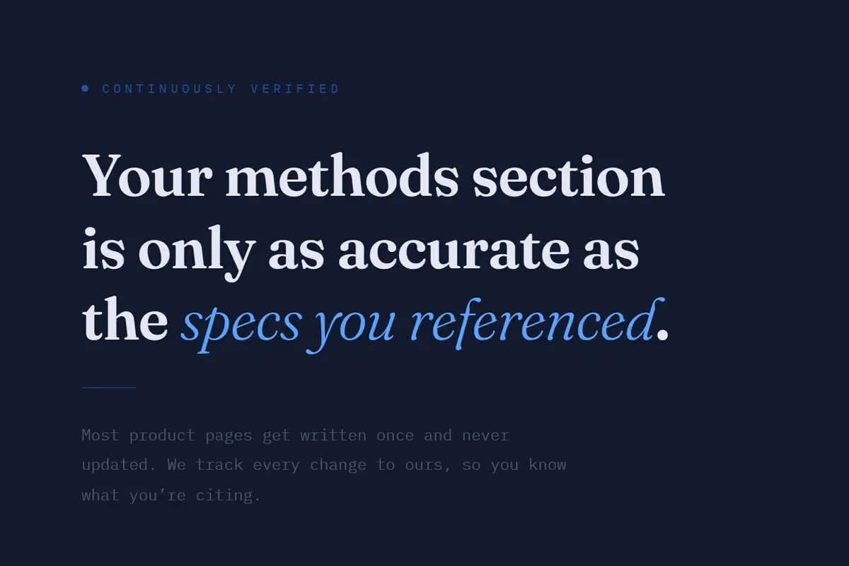 The opening of the Continuously Verified page on ConductScience.com, with the headline Your methods section is only as accurate as the specs you referenced, and the line We track every change to ours, so you know what you are citing