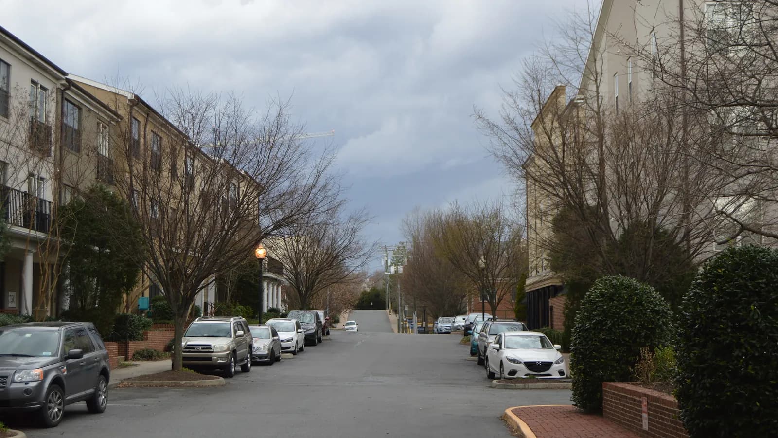 Cars park along both sides of a driveway lined with bare trees and condominium buildings; boxes mark thirteen cars.