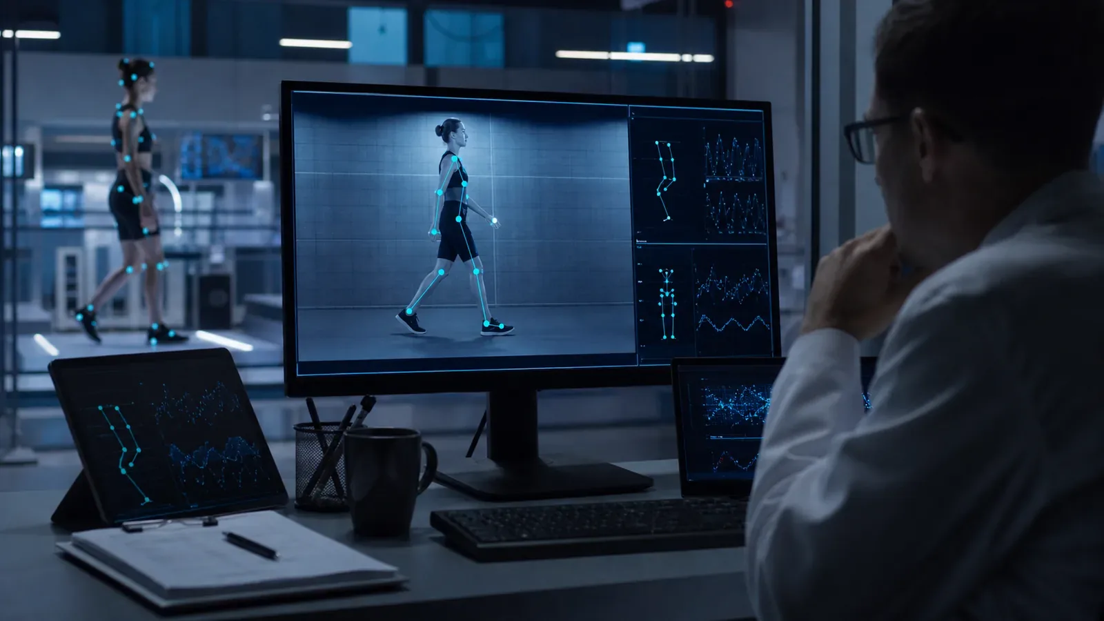 Clinical trial participant completing a standardized movement task with video-derived research measures.