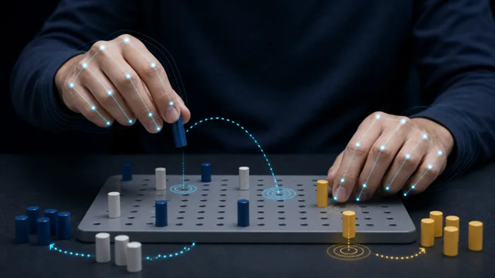 Hands completing a pegboard-style dexterity task with video tracking of finger and wrist movement.