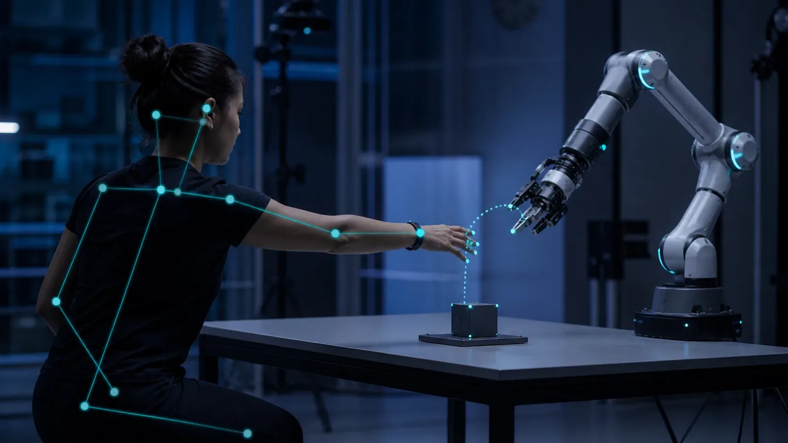 Research participant interacting with a robot while movement, gaze, and proxemic measures are reviewed.