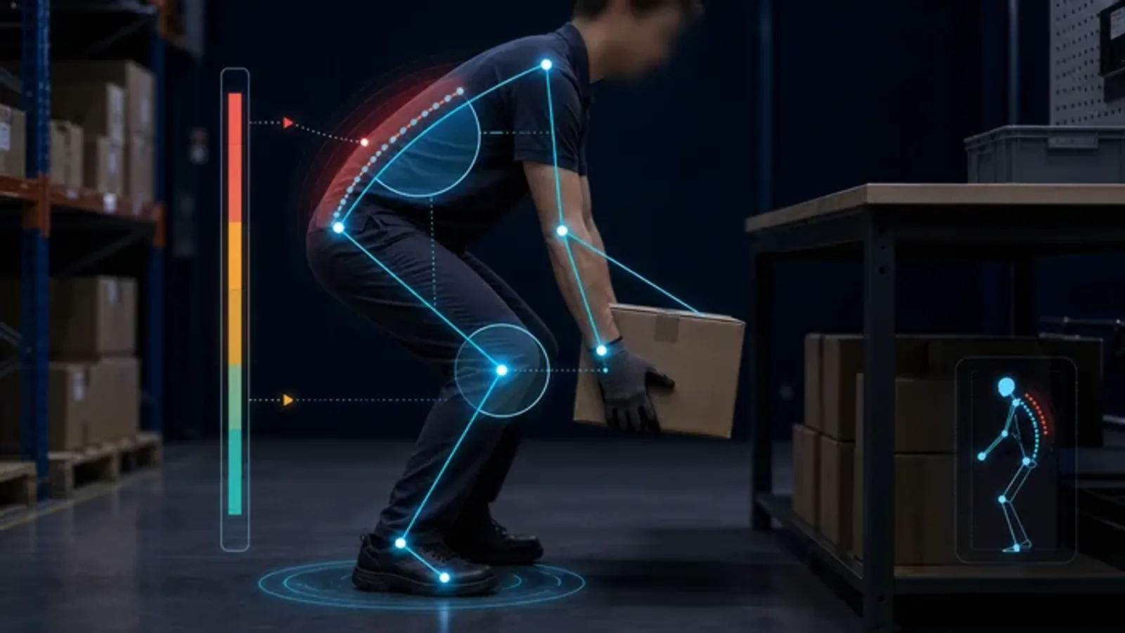 Worker performing a repetitive workstation task with posture and reach measurement overlays.