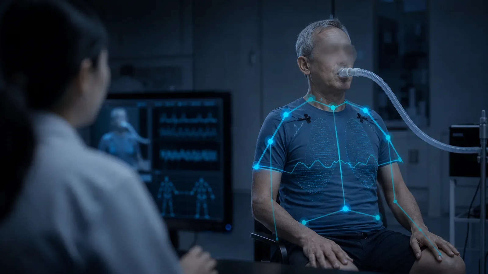 Participant completing an exertion and recovery task with breathing motion and posture measurement.