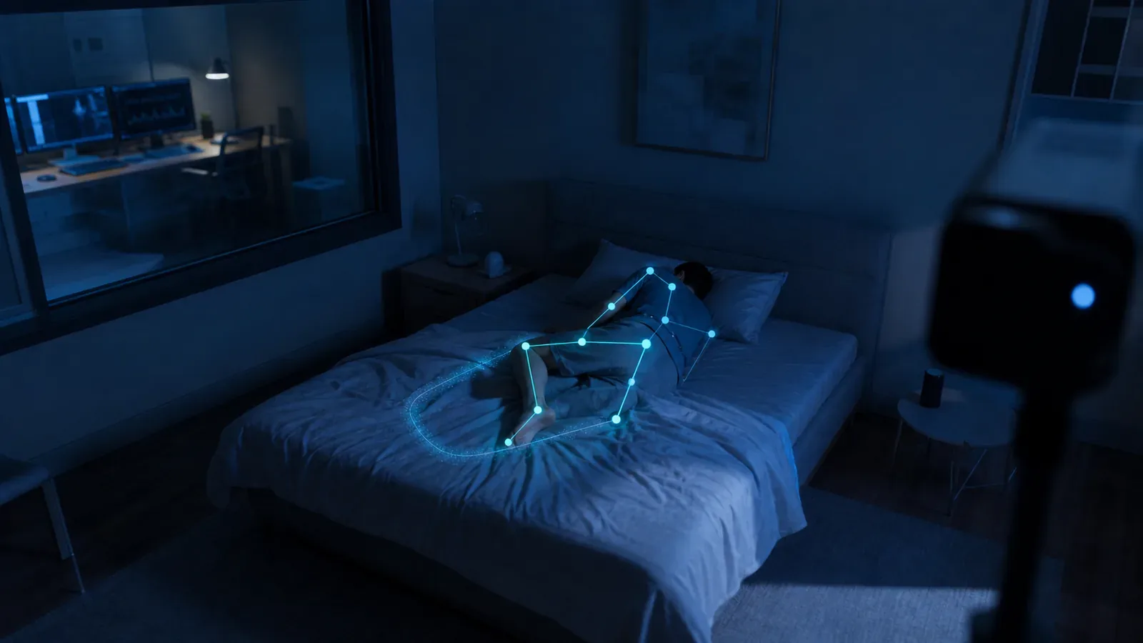 Sleep research room with privacy-conscious movement-event monitoring and review overlays.