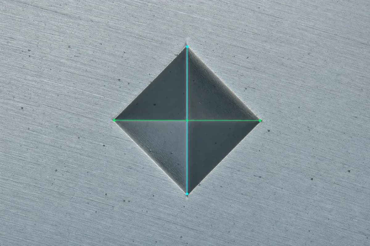 Synthetic Vickers indentation micrograph with measured horizontal and vertical diagonals