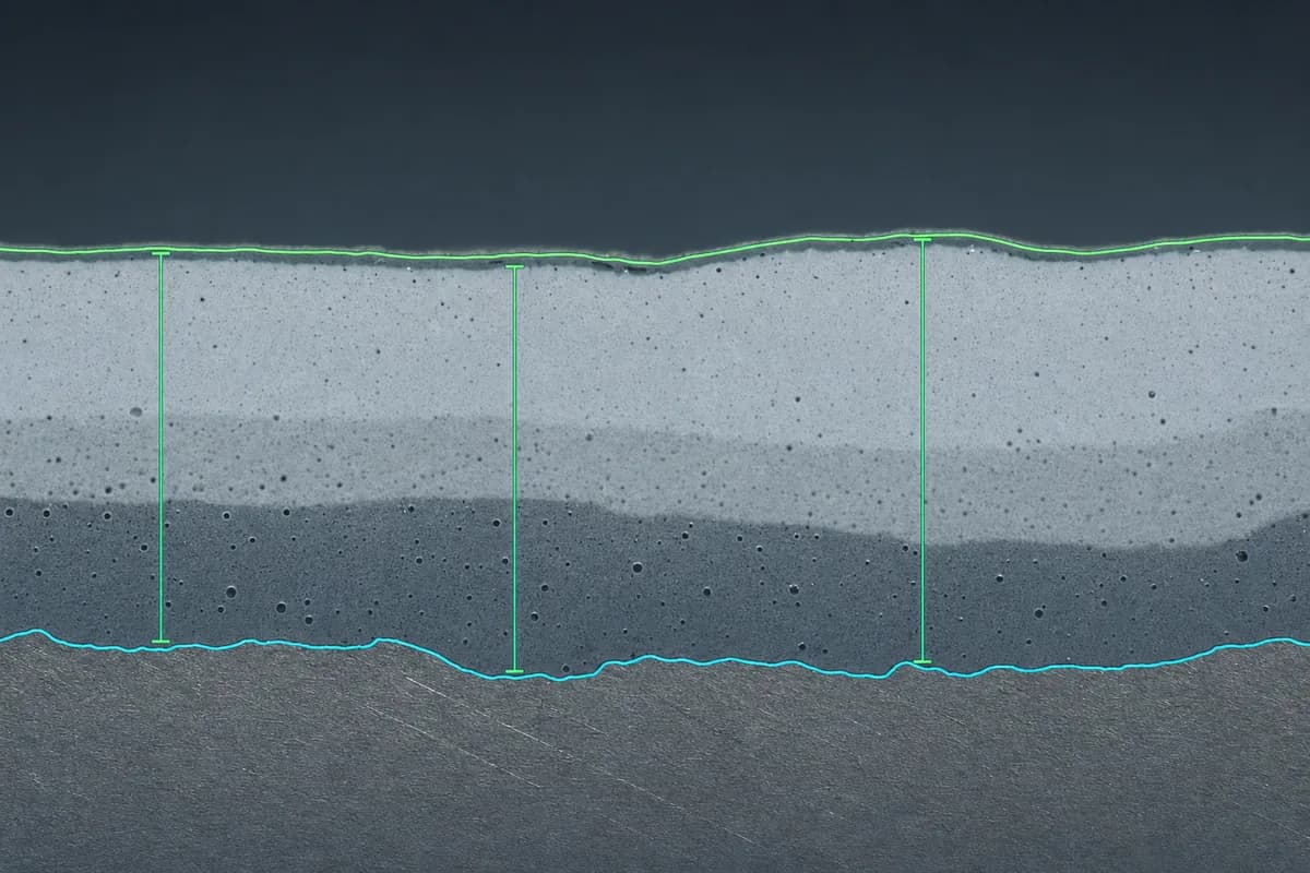 Synthetic coating cross-section with traced upper and lower boundaries and repeated thickness measurements