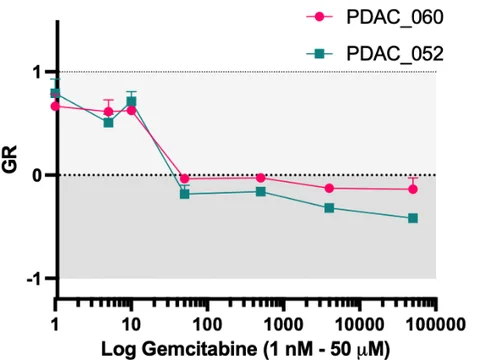 Chart of a growth rate metric for two pancreatic cancer organoid lines across gemcitabine doses, high at the lowest doses and below zero at the highest.