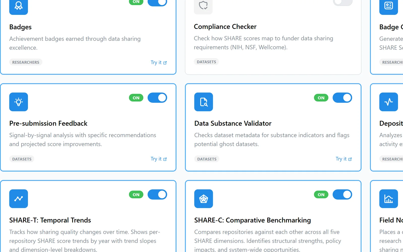 ShareScore tools including pre-submission feedback and data checks