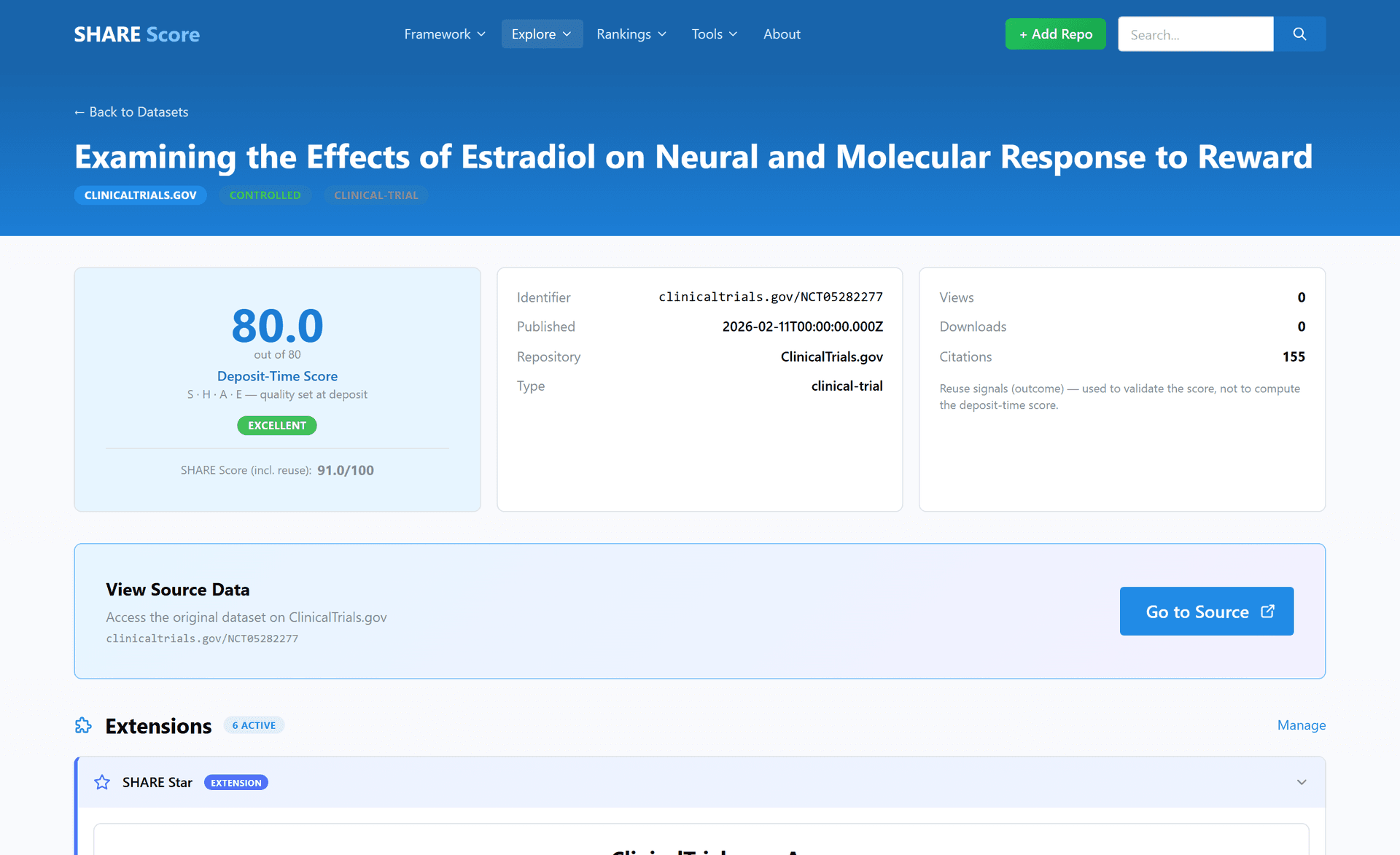 A public ShareScore page showing a research record, its score, the original source and evidence of later use