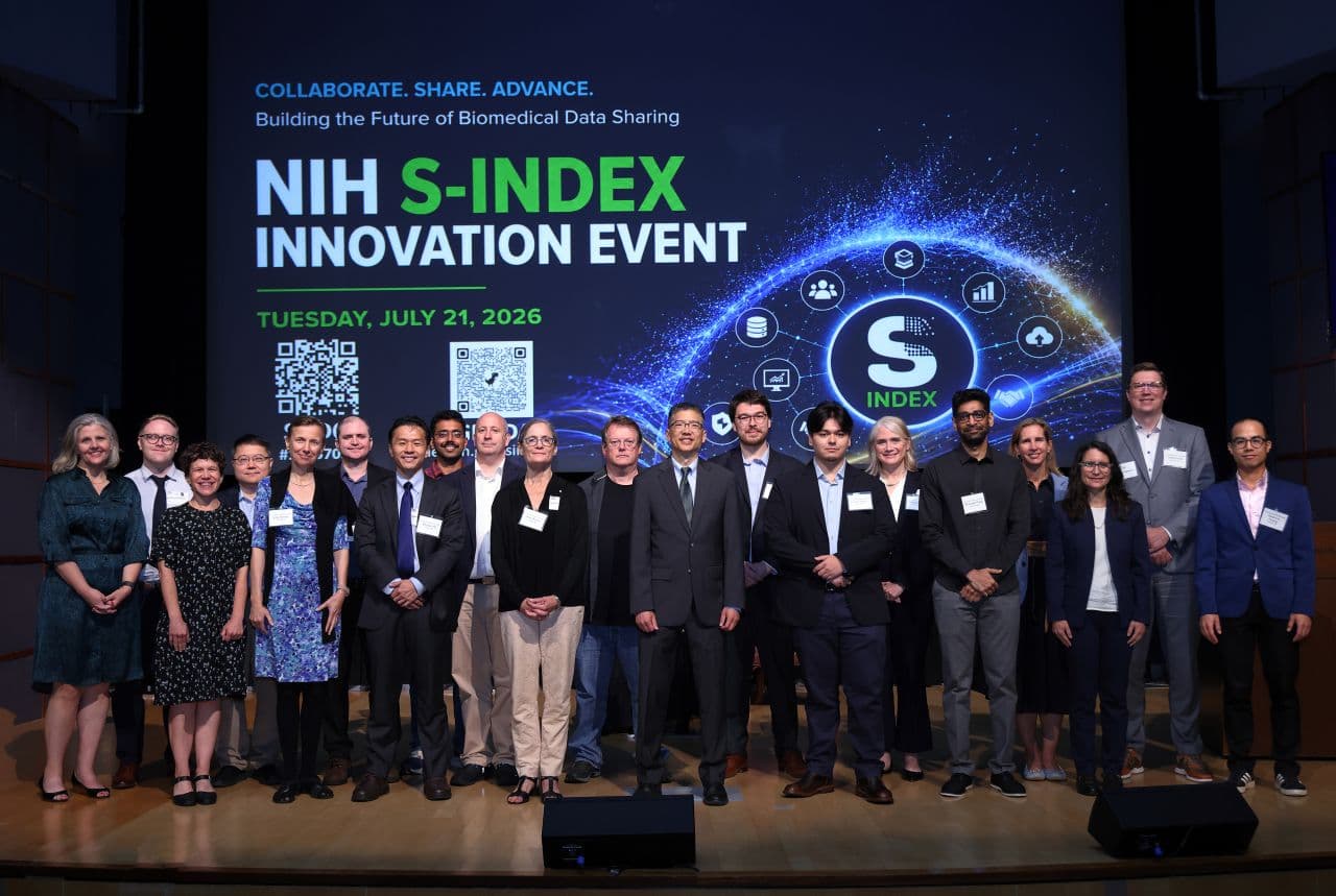 Participants gathered on stage at the NIH S-Index Innovation Event in July 2026.