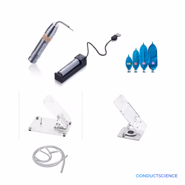 Small animal laryngoscope, intubation stands, rebreathing bags, and connection tubing with ConductScience watermark