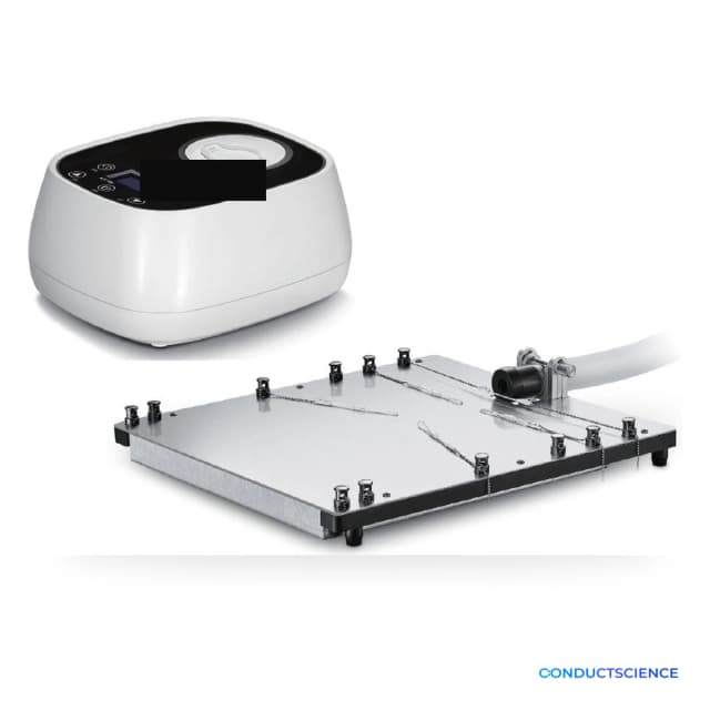 Water-Heated Small Animal Surgical Platform with recirculating pump, warmed pad, mask bracket, and ConductScience watermark