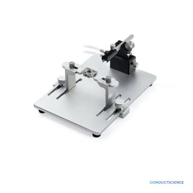 Conscious Mouse Spinal Cord Fixator with base plate, clamps, cover window, posts, and stereotaxic mask